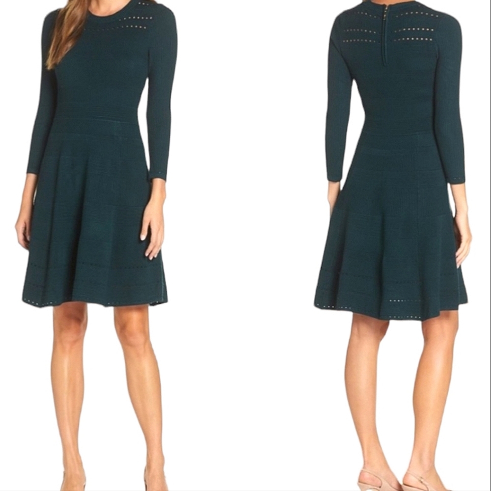 Eliza J Lazer Cut Dark Hunter Green Fit & Flare Sweater Dress
